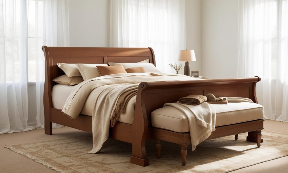 Sleigh bed with curved wood design and cozy bedding in a warmly lit, elegant bedroom.