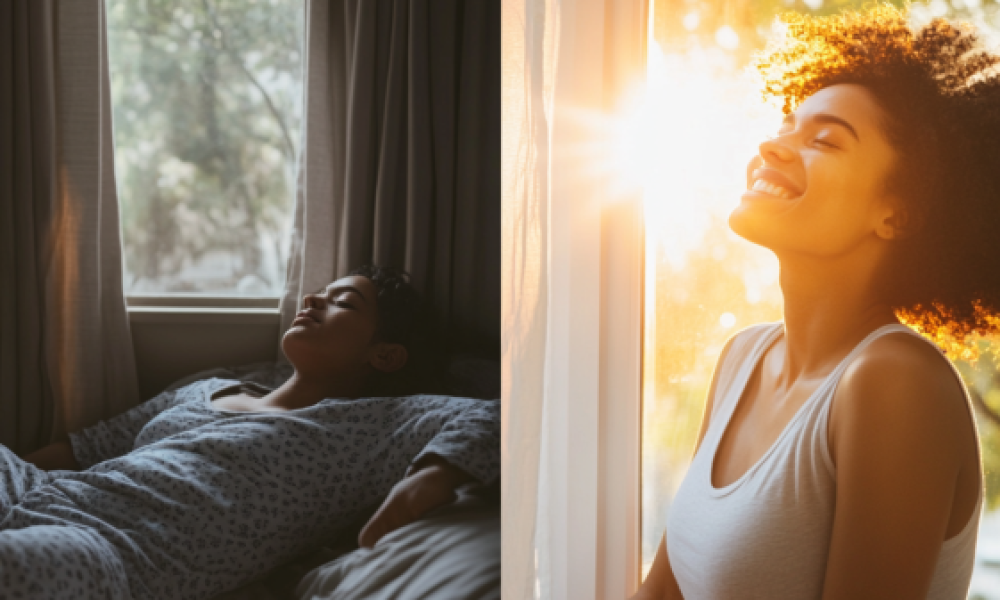 Side-by-side of groggy vs. refreshed morning routine – why you should never hit the snooze button