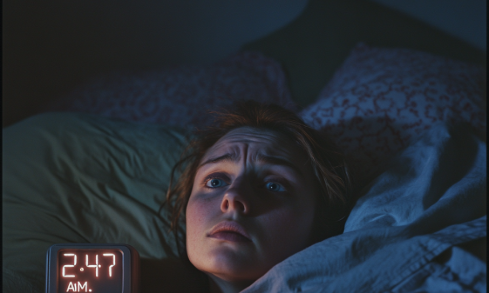 Woman awake at night due to stress and sleep anxiety.