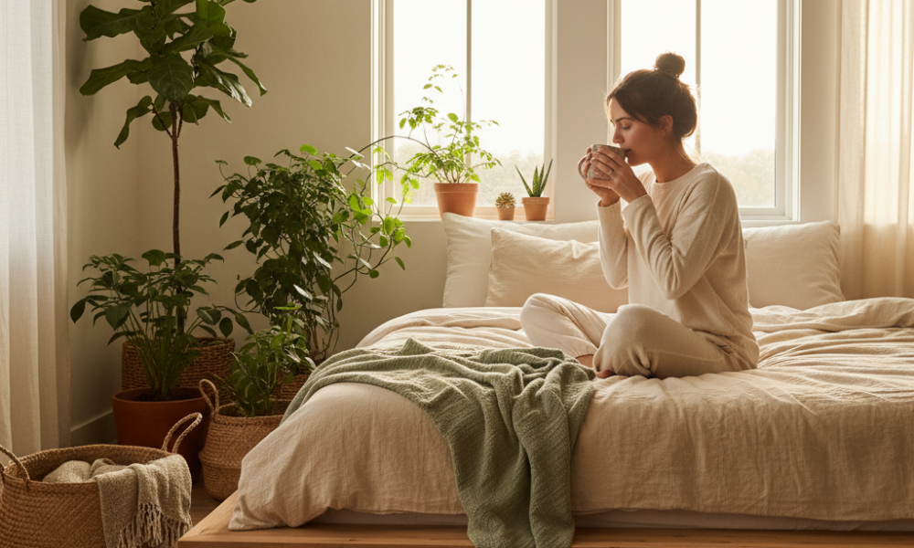 Cozy bedroom with sustainable wooden bed frame, organic bedding, and woman sipping tea in morning light.