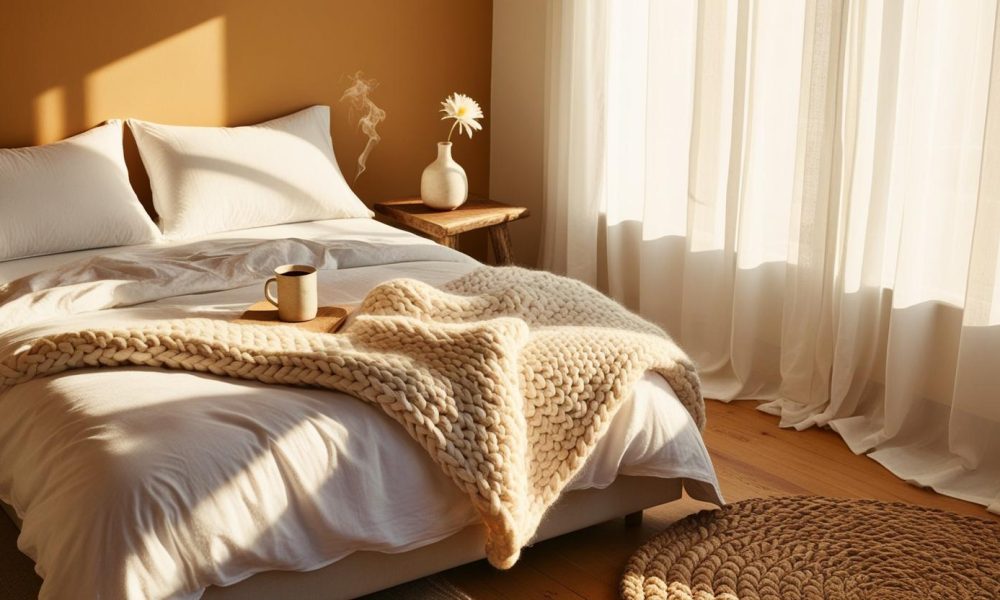 Sustainable bedding with tea, chunky blanket, and sunlight filtering through sheer curtains.