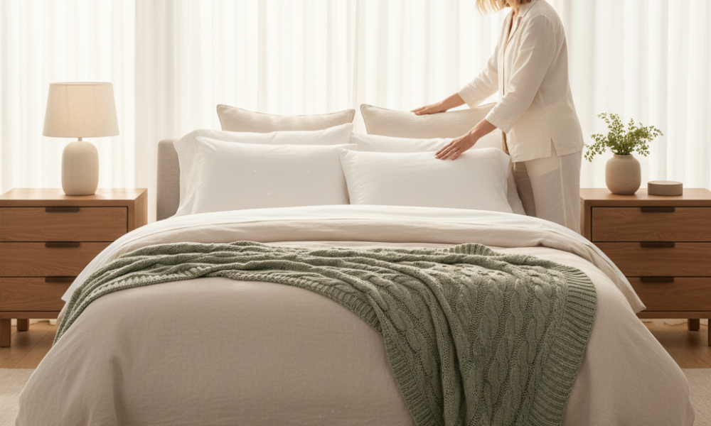 Cozy bedroom with layered bedding in white, beige, and sage green; woman in linen pajamas arranging pillows under warm morning light.