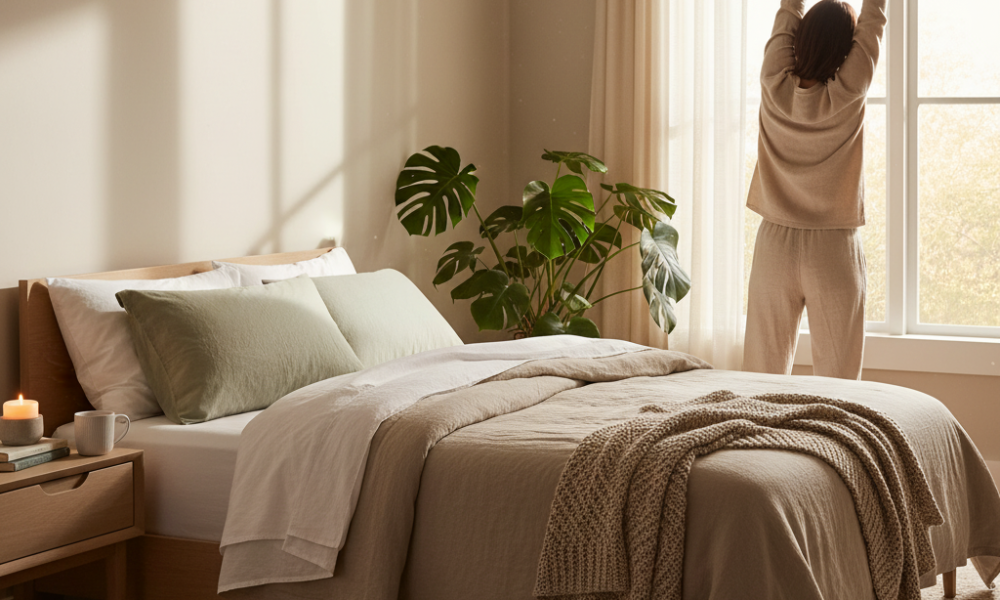 “Cozy bedroom with linen bedding, sage accent pillow, and a woman stretching by the window in golden morning light.”