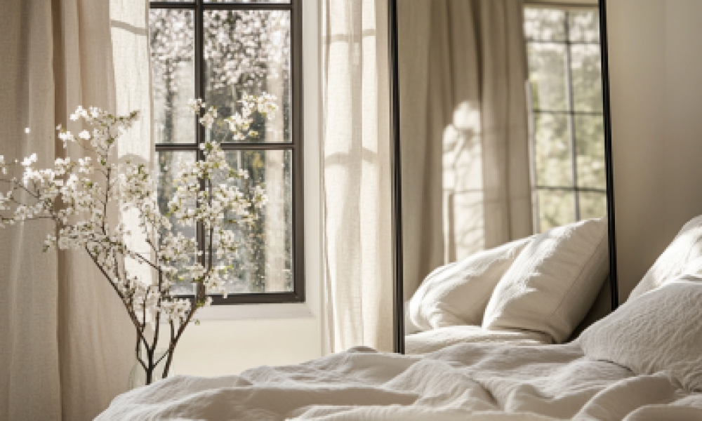 Large mirror reflecting natural light for cozy bedroom mirror and lighting ideas.