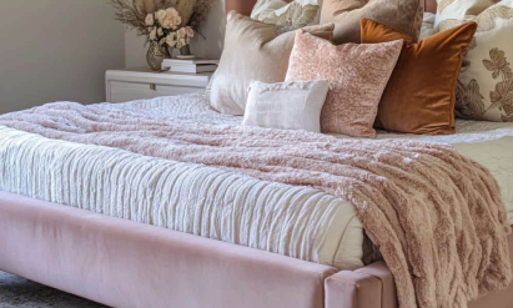 Blush pink velvet bed frame with layered textured pillows