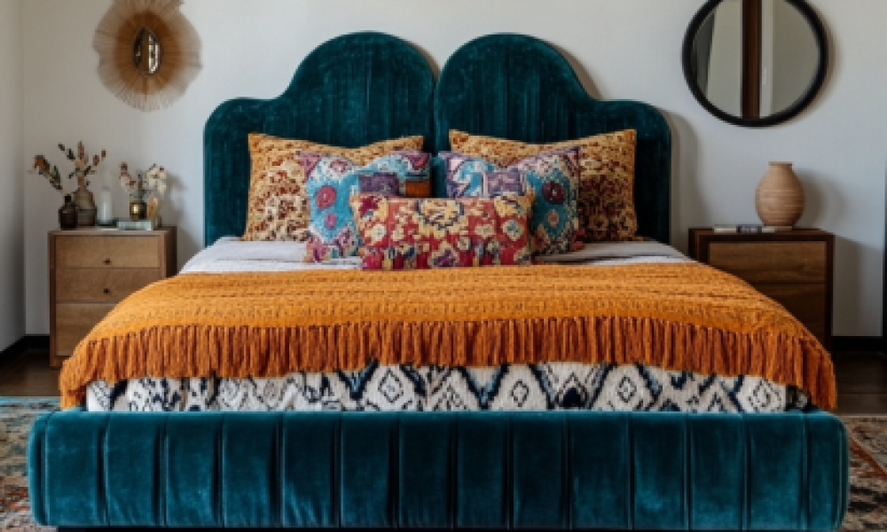 Teal velvet bed frame in a bohemian sophisticated bedroom makeover.