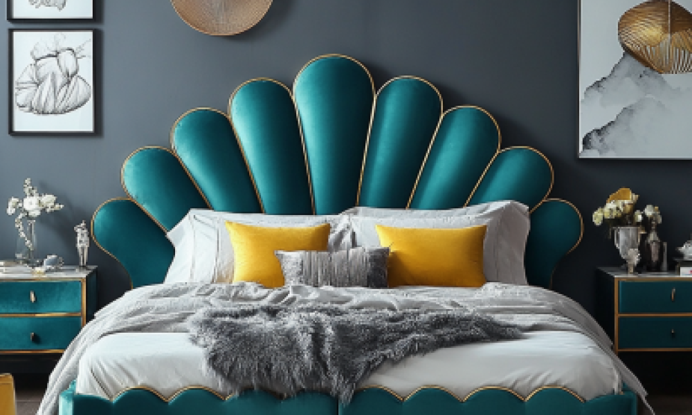 Teal scalloped headboard bed frame in velvet upholstery, one of the top velvet bed frames