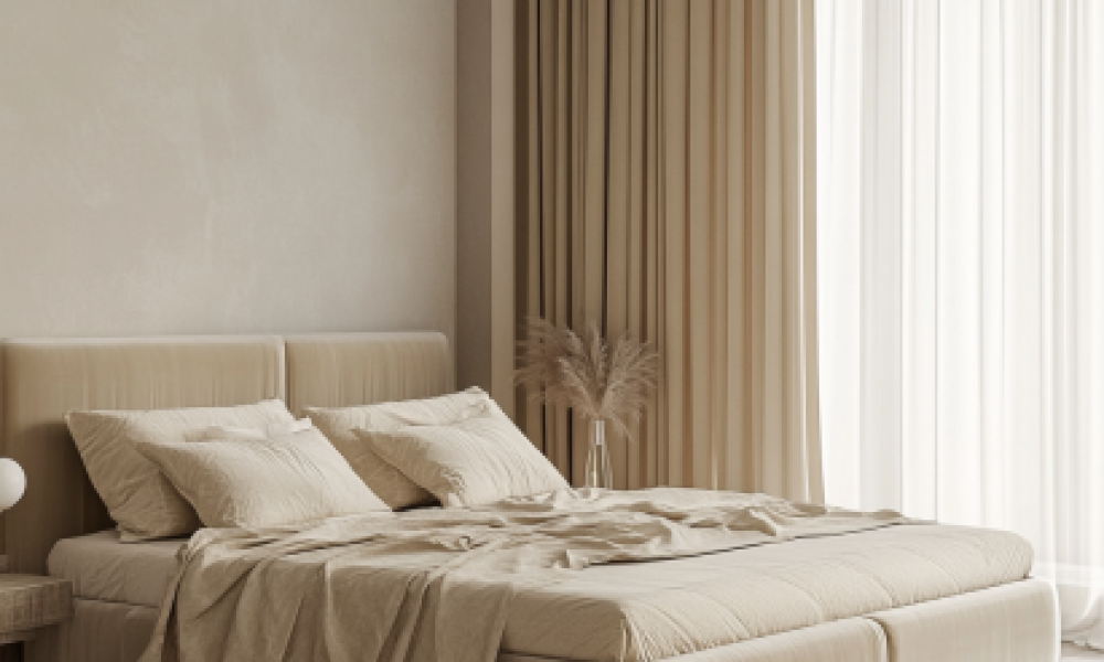 Beige luxurious velvet bed frames in a minimalist bedroom