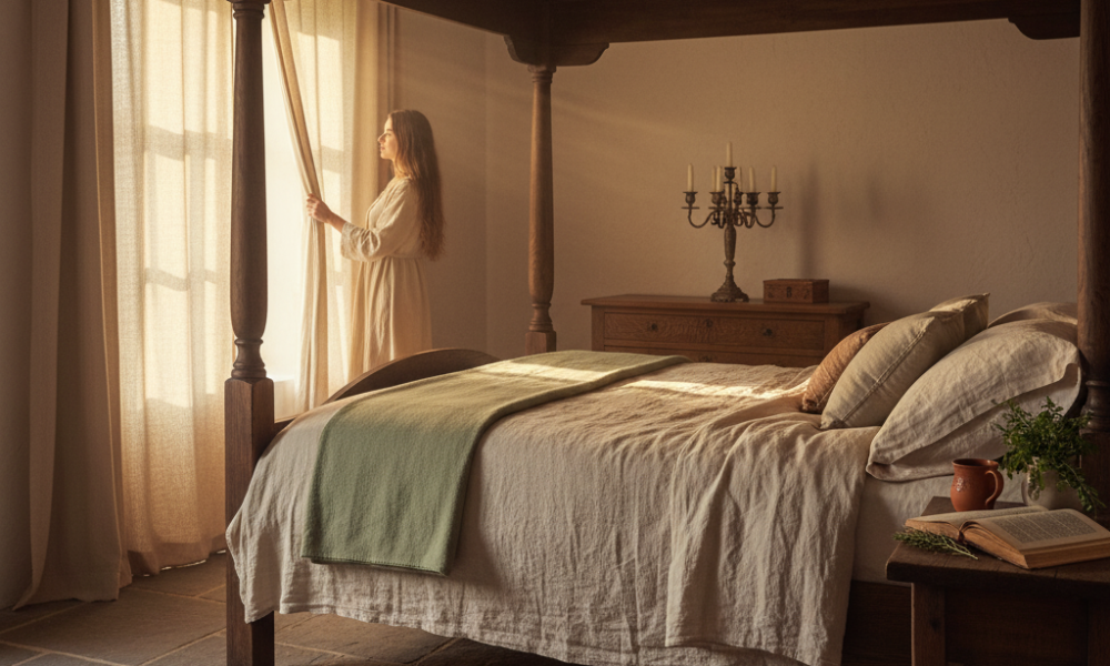 Cozy medieval-inspired bedroom with sage blanket, rustic wood accents, and woman opening curtains in morning glow.