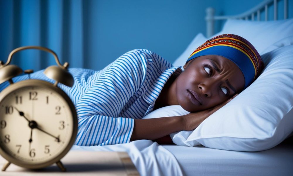 Woman lying awake in bed with alarm clock, showing insomnia Woman in bed showing sleep deprivation effects and insomnia.