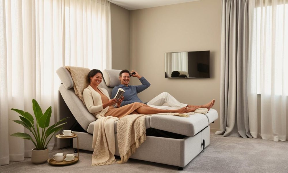 couple using adjustable bed with remote for customized sleep comfort