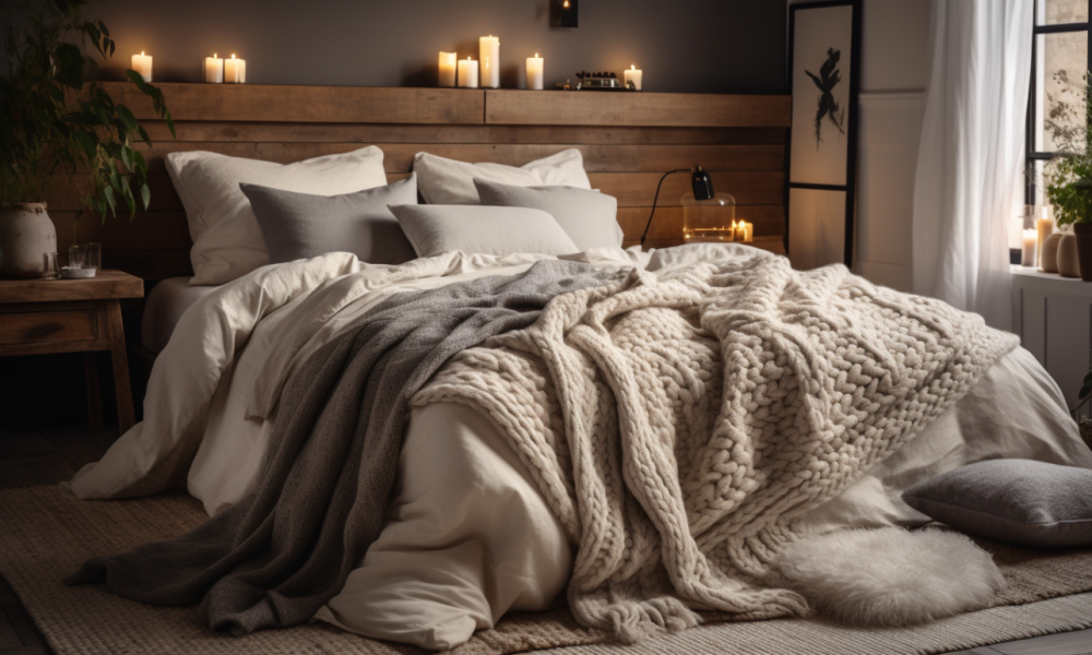 bed layered with chunky knit throws