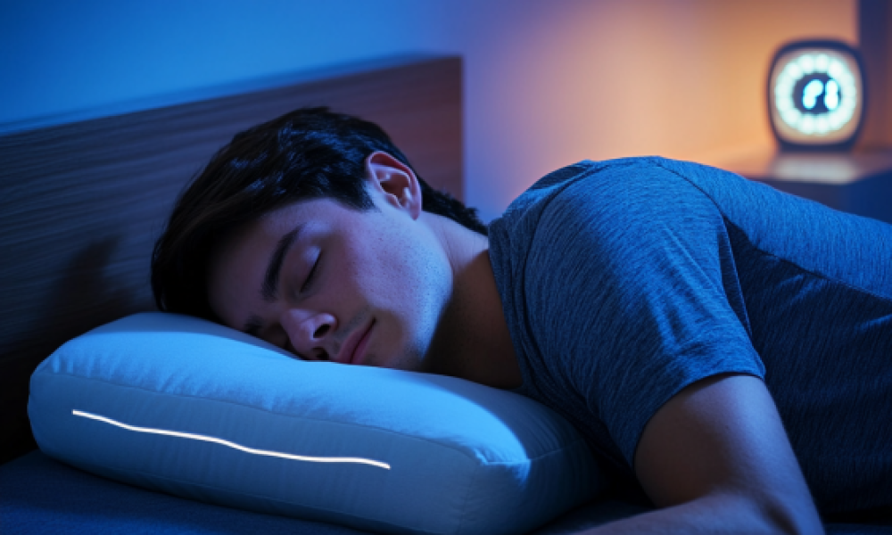 Person showing the best sleeping positions for stomach sleepers with thin pillow and pelvic support