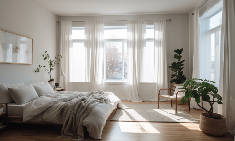 bright airy bedroom, large windows with flowing sheer curtains
