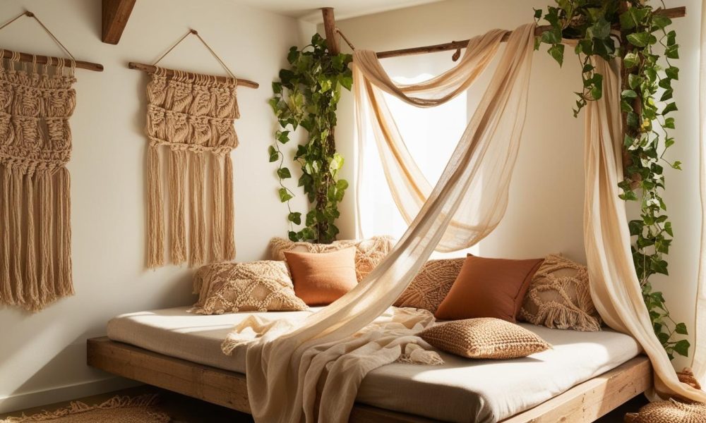 canopy bed decorating ideas with DIY boho fabric canopy and plants