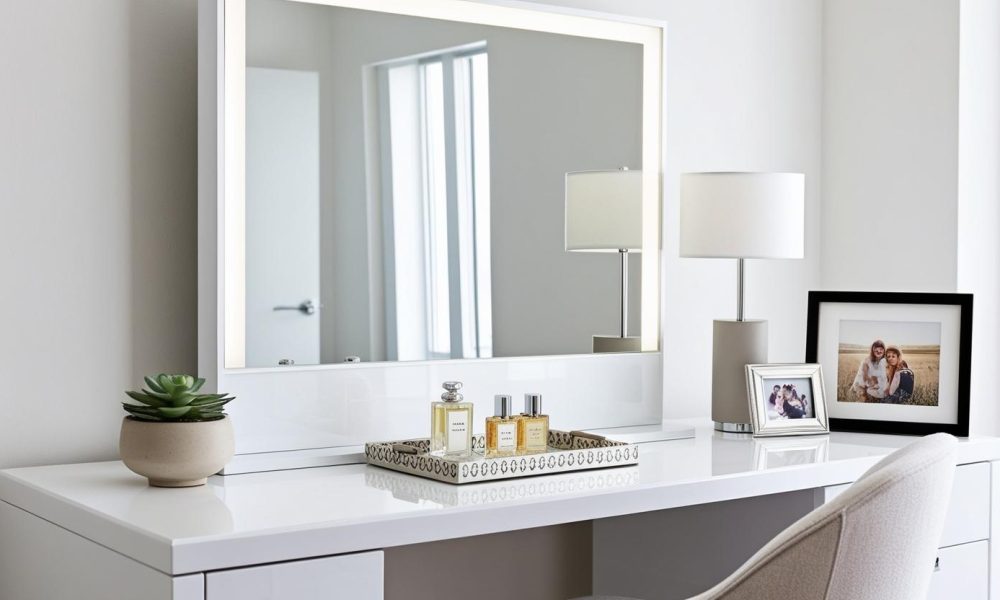 Modern minimalist dressing vanity table with clean lines and simple decor in a bright bedroom