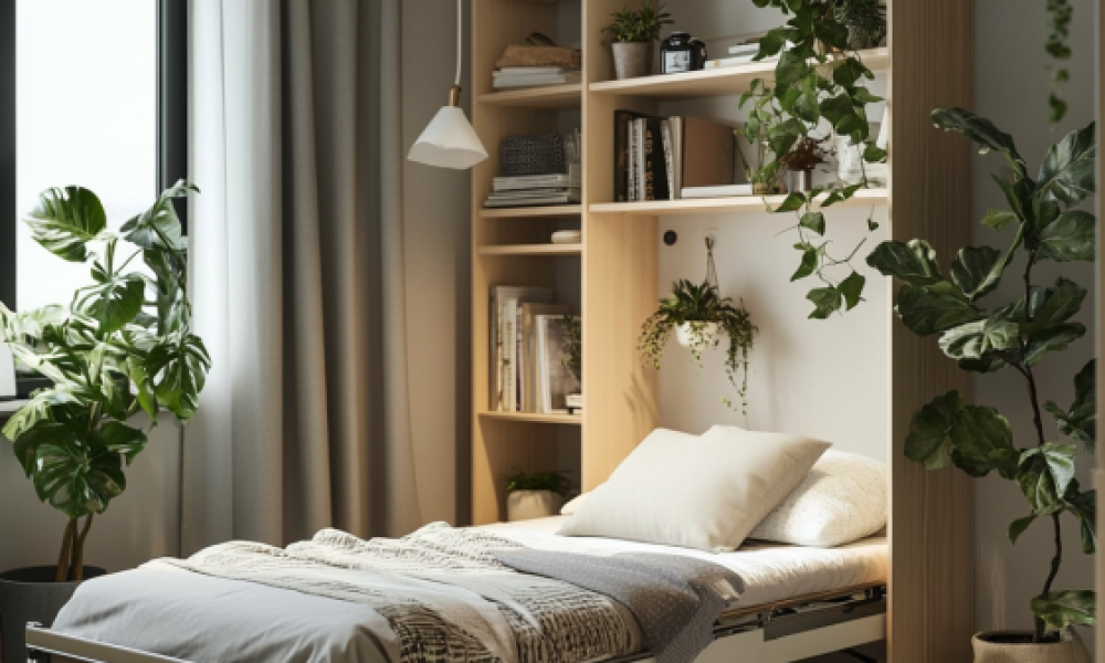 Foldable couch bed fully extended into a bed with cozy bedding and pillows.