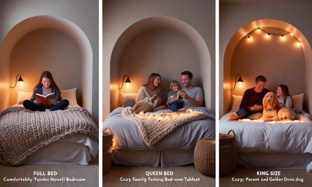 Full vs queen vs king bed width shown in cozy nooks with family, pets, and warm, textured lighting.