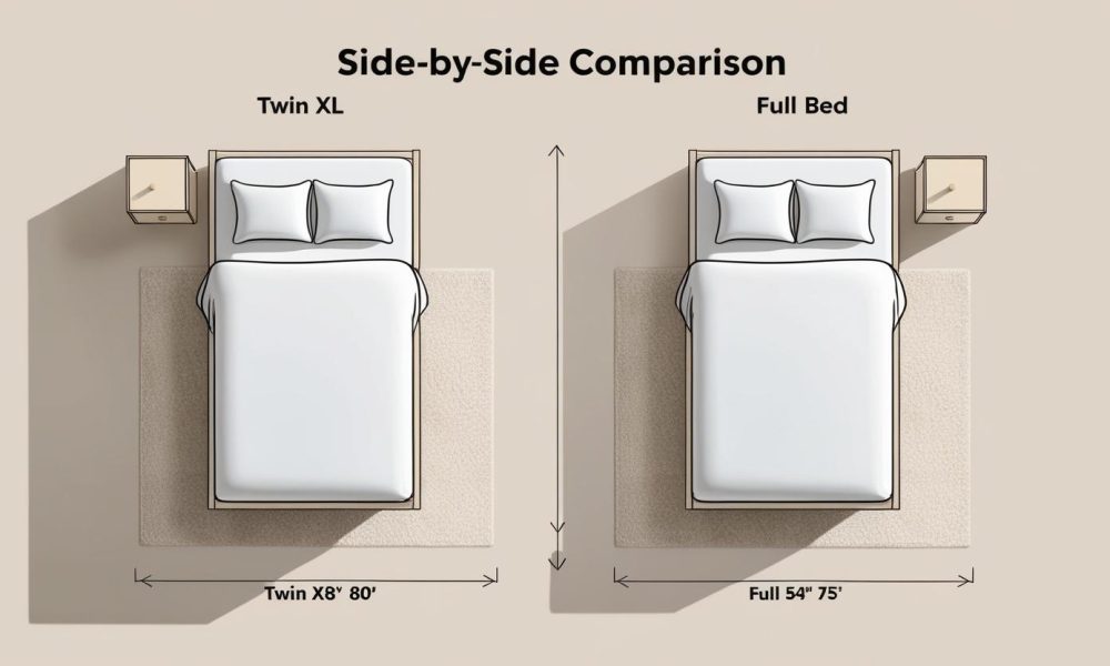 full vs twin xl bed width shown with top-down room layout and dimensions