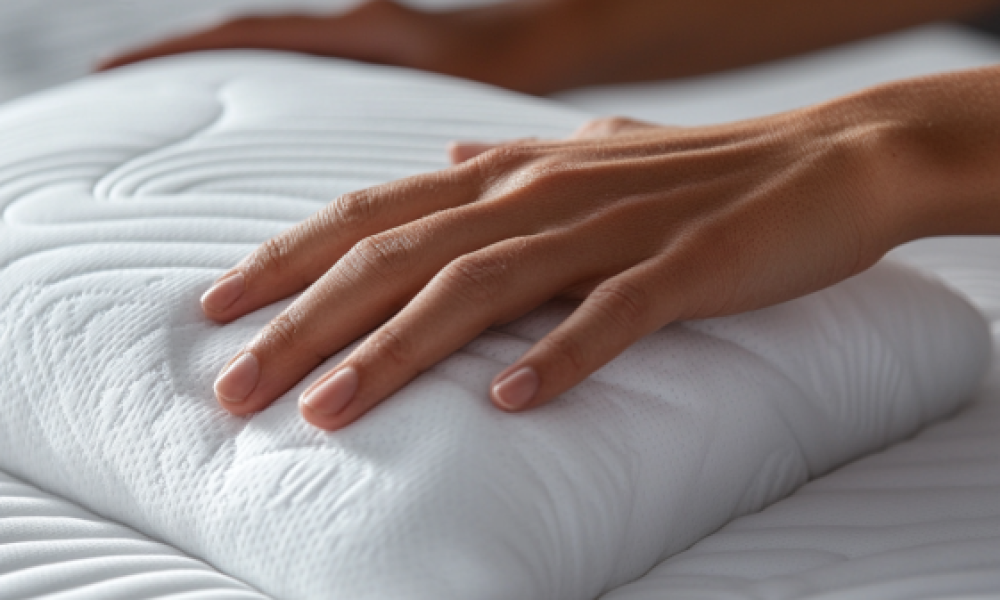 Close-up of a hand pressing into a memory foam pillow, showing proper neck and spine support – an essential Genius Sleep Fixes for restful sleep.