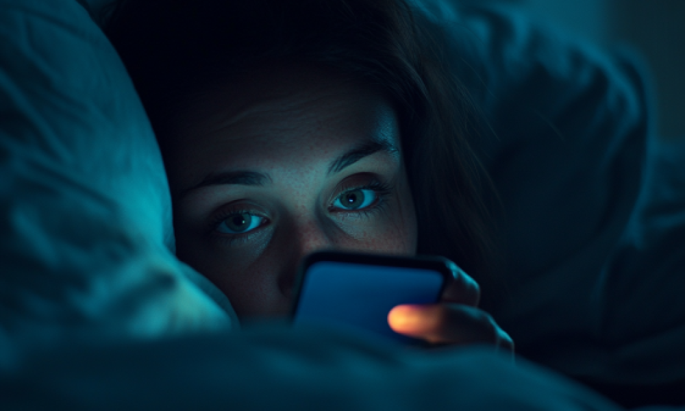 Person on phone in dark room showing how blue light affects your sleep by disrupting melatonin production