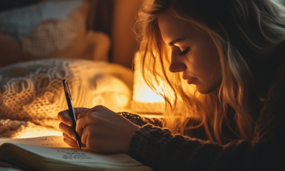 "Person writing in a dream journal to track how sleep affects your brain and improves memory recall"