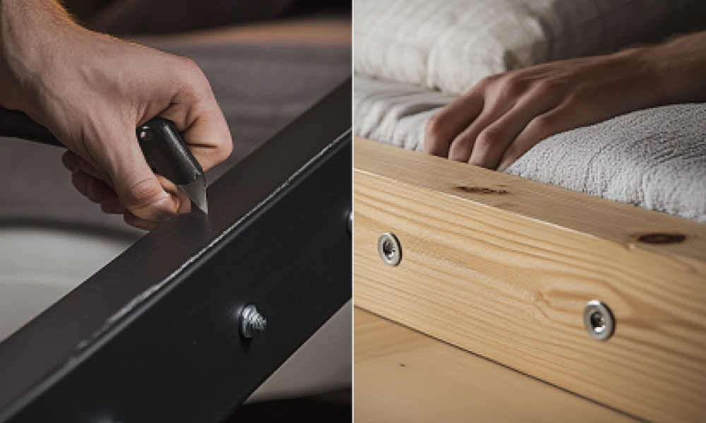 "Side-by-side comparison of fixing Metal vs wood bed frame noises, showing bolt tightening on a metal bed frame and applying lubricant to a wooden bed frame."
