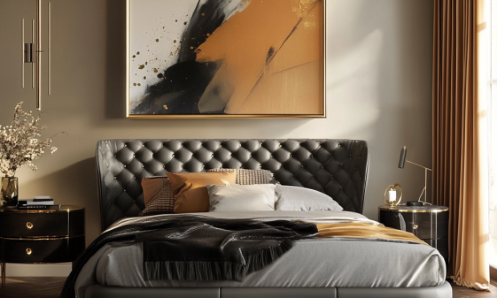 Gray leather bedroom set with tufted headboard and gold accent decor