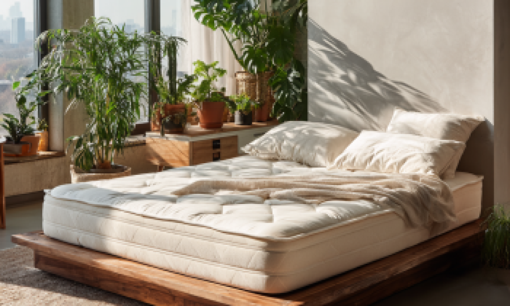 Eco Friendly Organic - Luxurious organic mattress with natural latex layers on a wooden bed f
