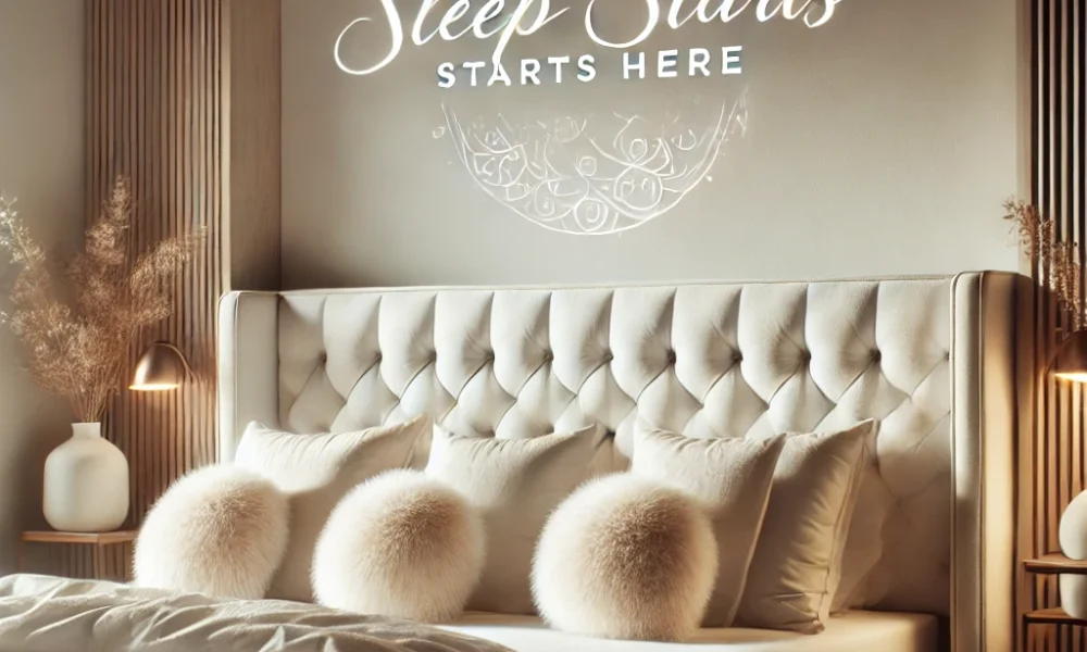 Peaceful bedroom showcasing mattress and bed frame noise fixes with “Silent Sleep Starts Here” overlay.