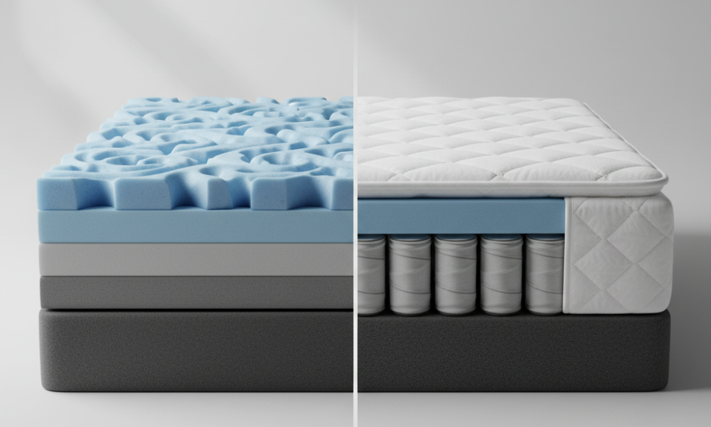 memory foam vs hybrid comparison cutaway showing foam and hybrid coil layers