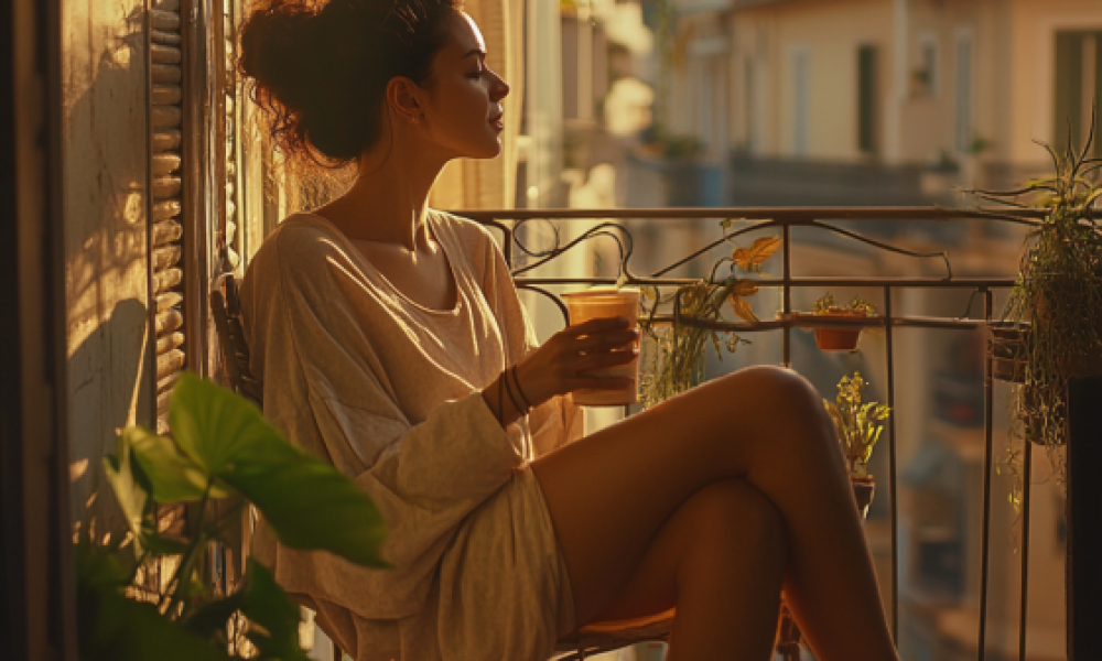 Woman enjoying morning sunlight on a balcony to boost energy and sleep.