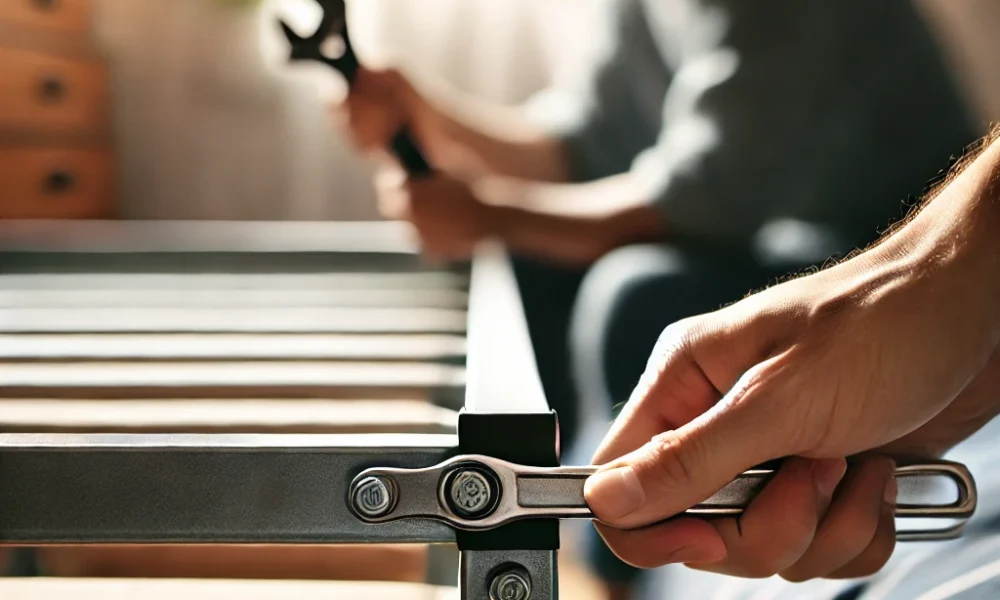 noise-free bed frames 2 Person using a wrench to tighten bolts on a noise-free bed frames to reduce squeaking.