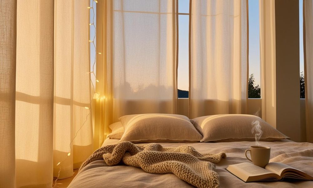 Warm bedroom with chamomile tea and soft lighting to optimize sleep cycle