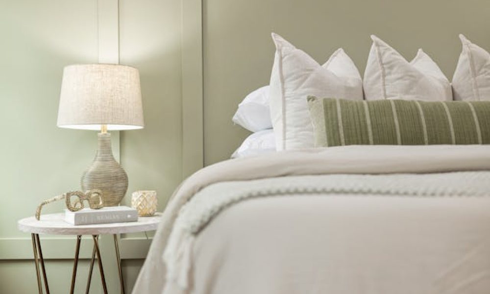 light green bedroom with gold ideas