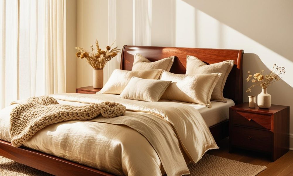 queen bed frames 1 "Queen bed frame in luxury wood with neutral bedding and soft lighting"