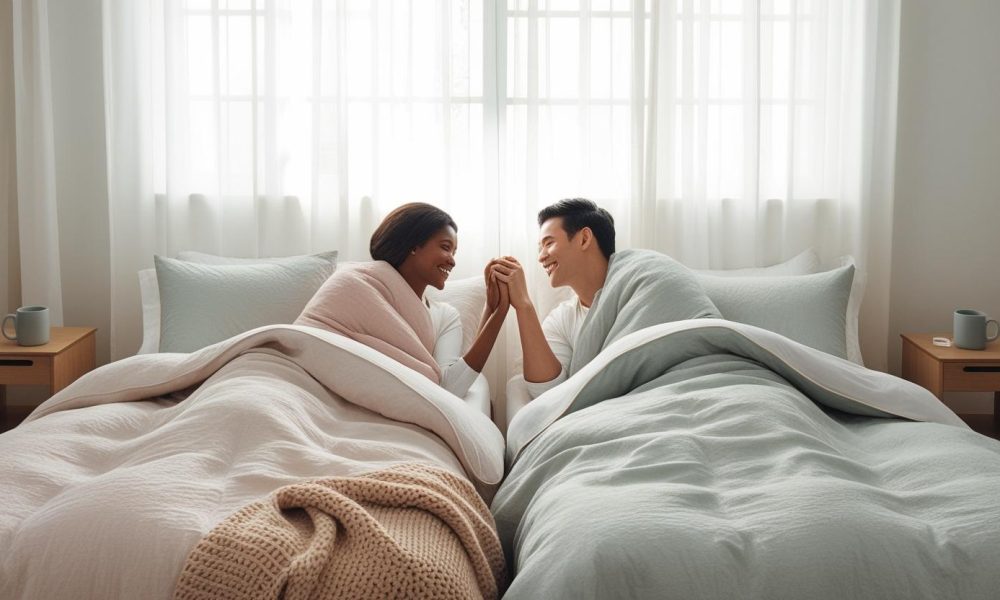 Couple in separate beds smiling, using sleep divorce to help reset circadian rhythm.