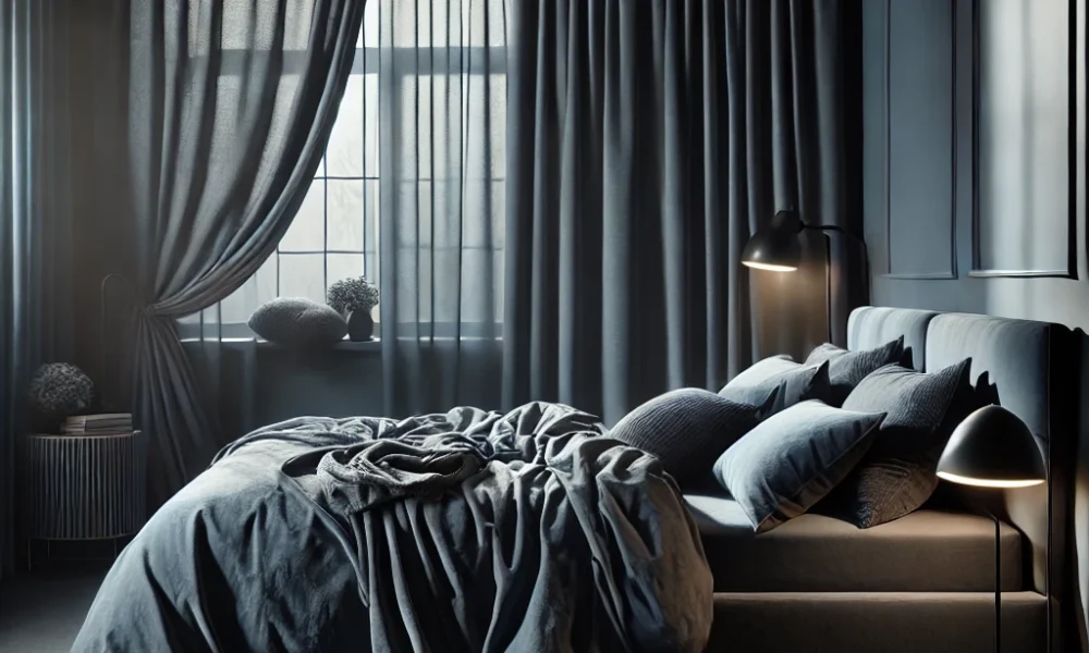 Cool dark bedroom with blackout curtains for sleep and heart health