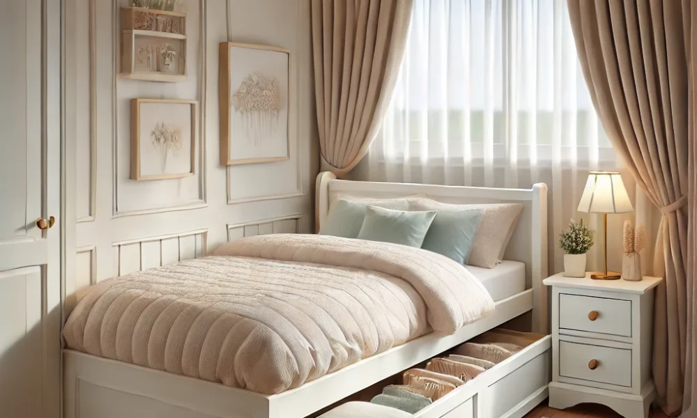 Compact sleigh beds with storage in small bedroom design