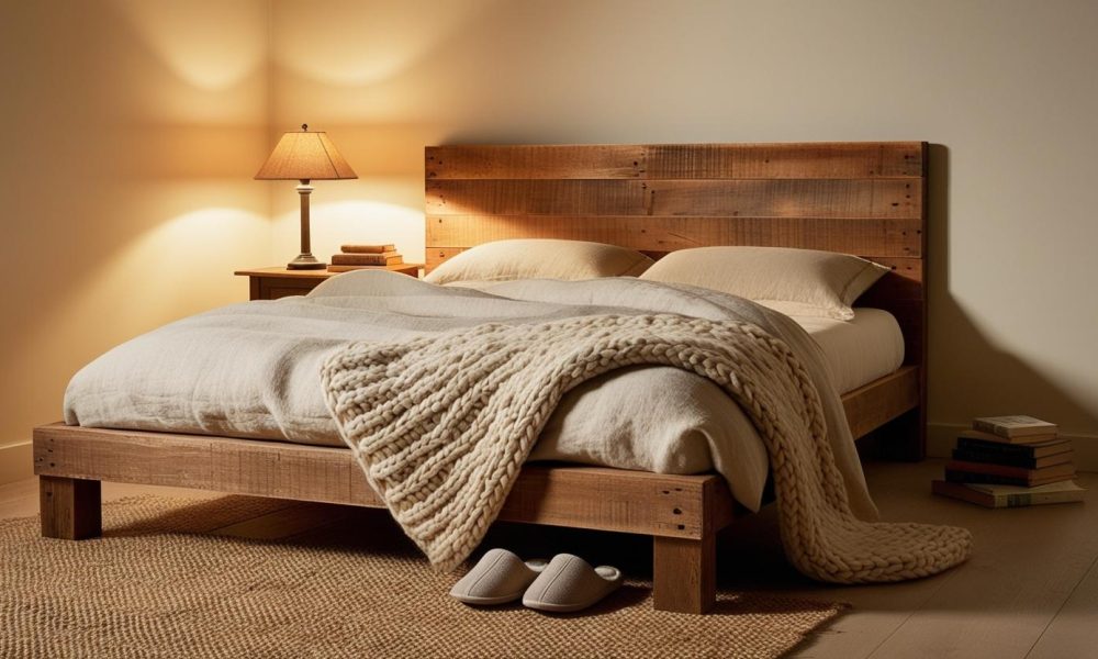 Cozy bedroom corner with reclaimed wood sustainable bed frame and soft warm lighting
