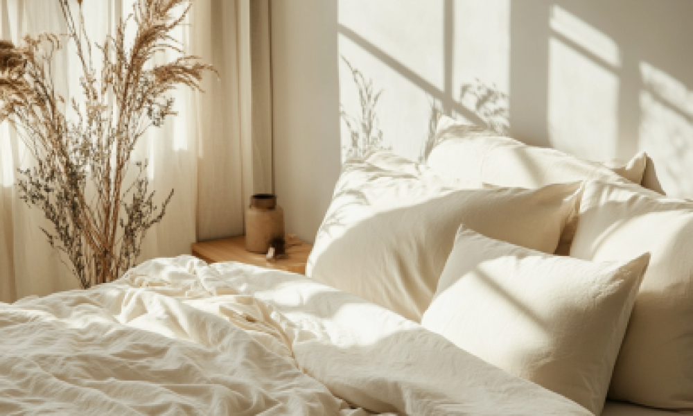 Organic cotton sustainable bedding set in a minimalist, eco-conscious bedroom.