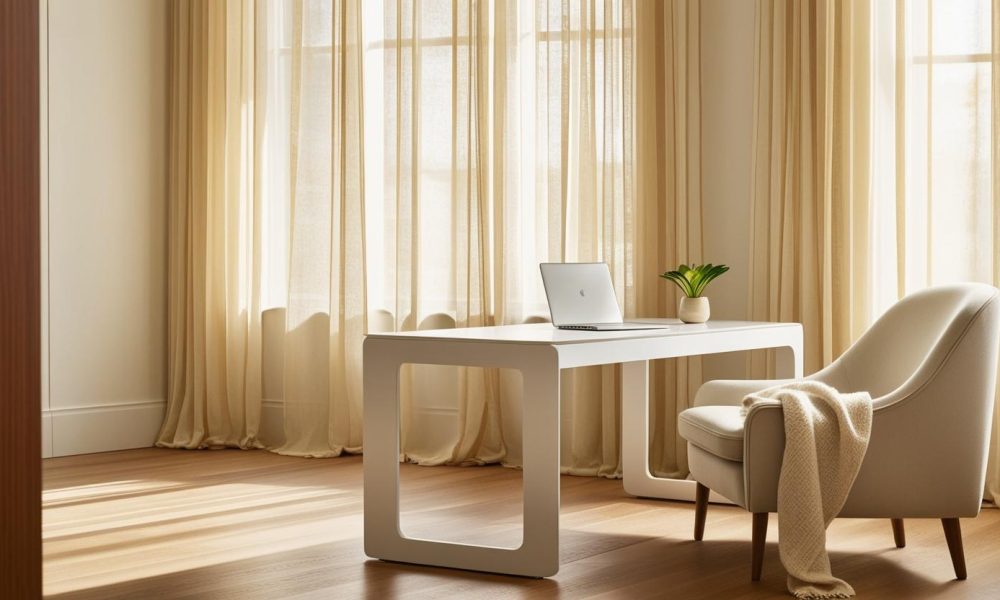 master bedroom study table design in a bright, minimalist space with natural light.