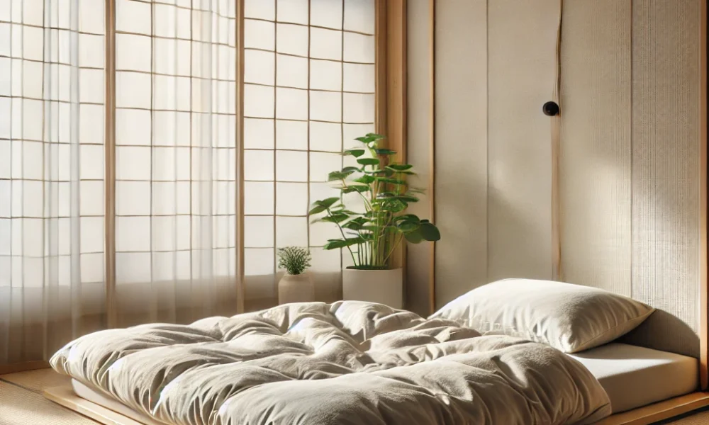 Japanese futon setup representing types of beds around the world in a minimalist room