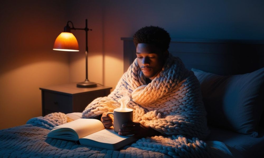 Person awake at 3 AM in bed with soft lighting and calming tea.